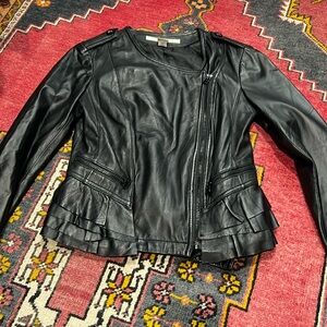 Black Leather Jacket with Ruffle Detail